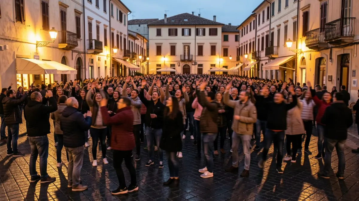 Generic image of a crowd celebrating in an urban square at dusk.