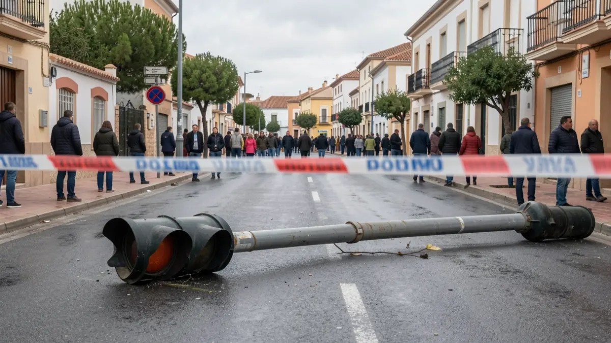 Imatge d'un semàfor caigut en una calçada de Xàtiva amb cinta policial.