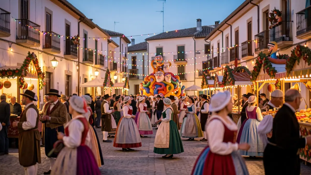 Generic image of a Fallas festival in a Mediterranean square at dusk, with blurred figures and festive lights.