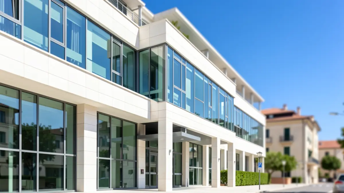 Facade of a modern hospital center with natural light.