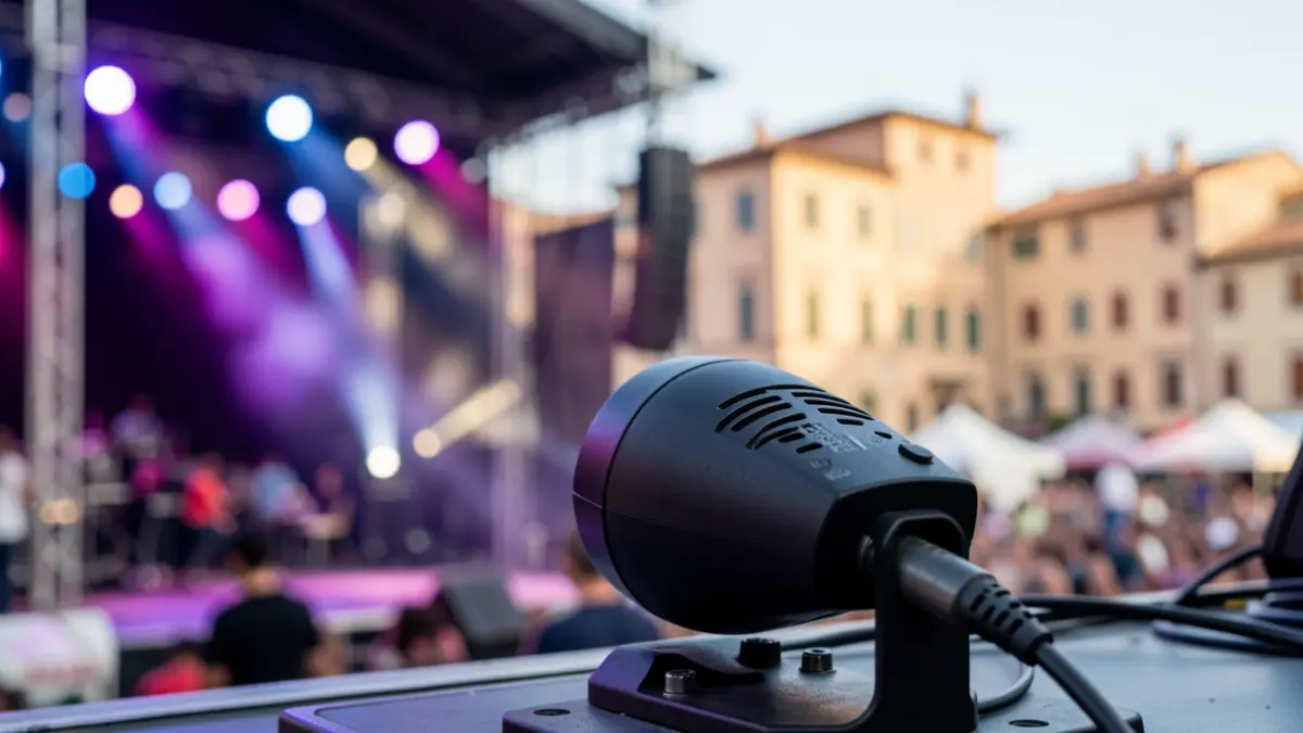 Generic image of a sound limiter on a festival stage with blurred concert lights.