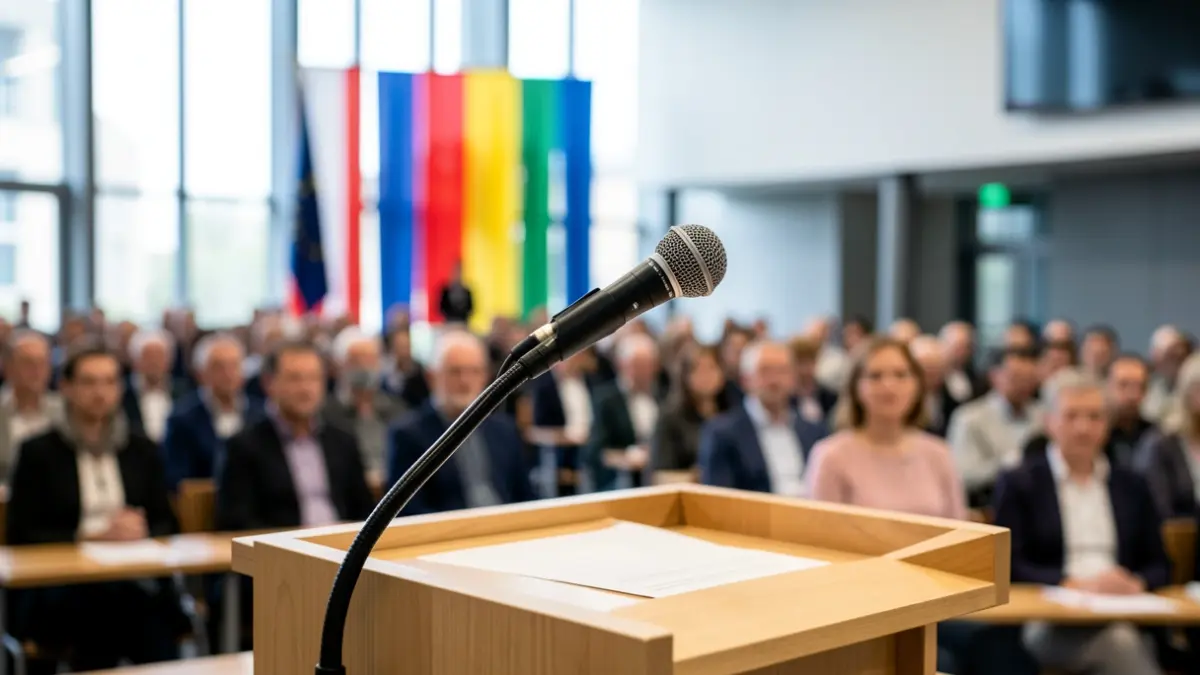 Imatge genèrica d'un micròfon en una sala d'actes institucional.
