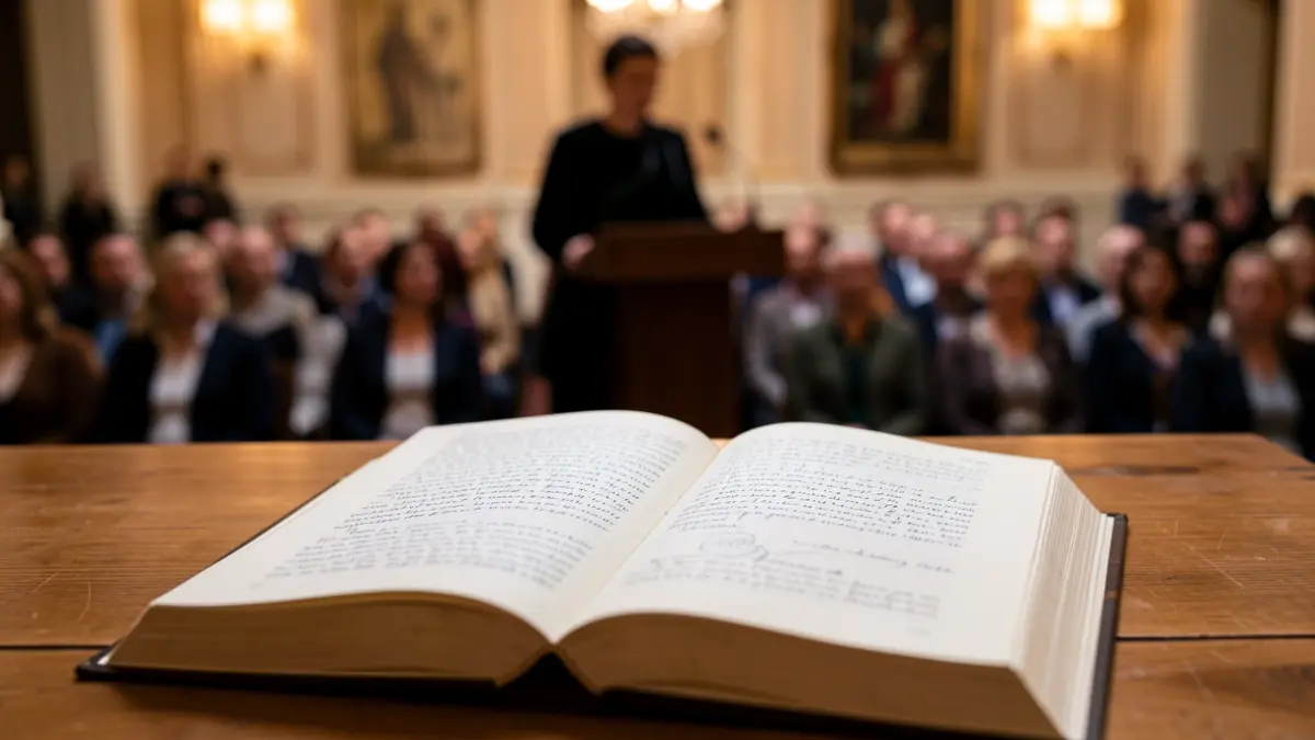 Imatge genèrica d'un llibre obert i una persona parlant en un faristol.
