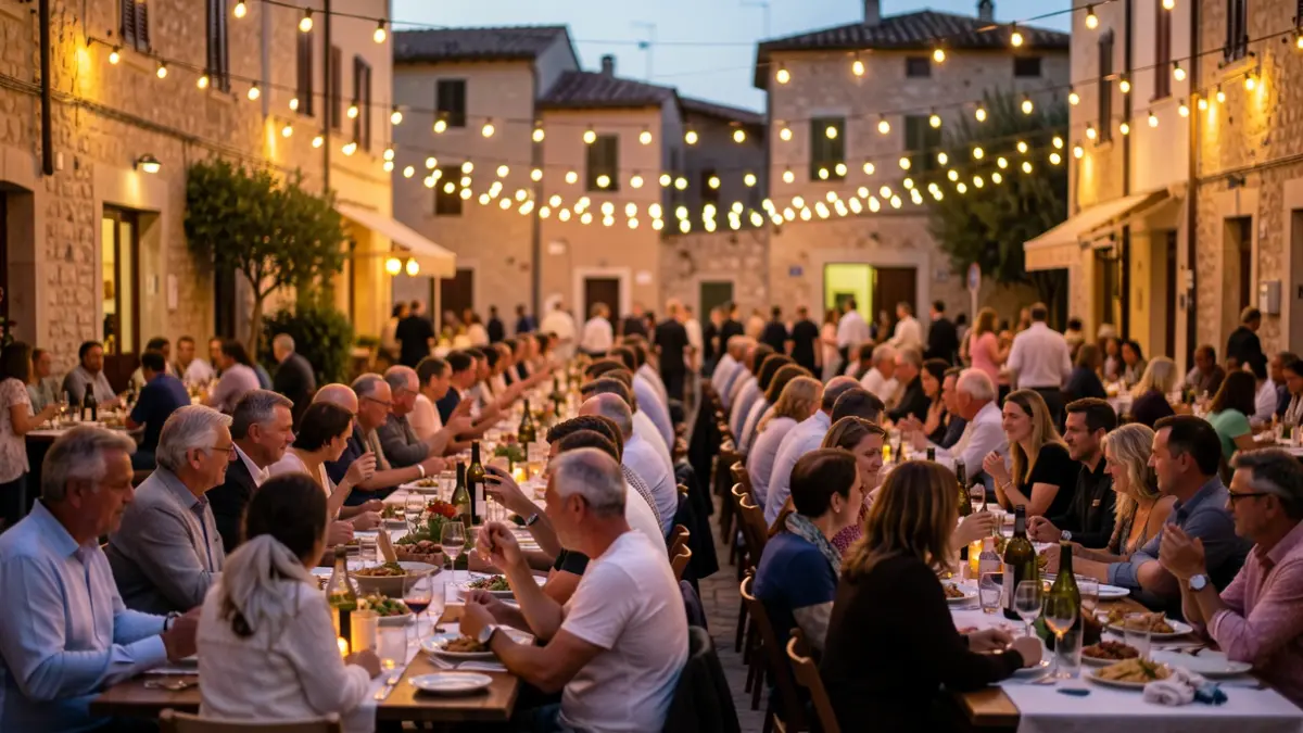 Imagen genérica de una cena comunitaria al atardecer en una plaza mediterránea.