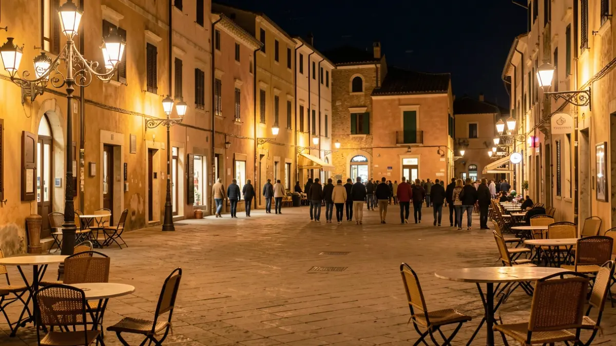 Generic image of a Mediterranean town square illuminated at night.
