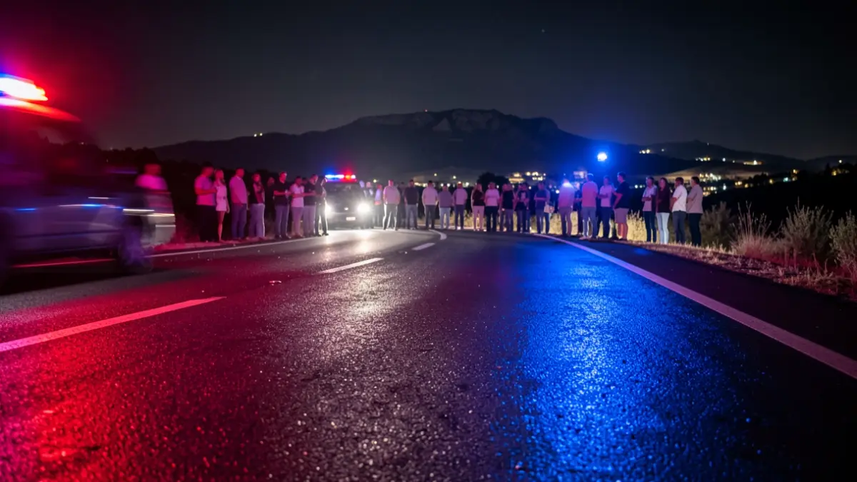 Imatge genèrica de llums d'emergència reflectides en una carretera mullada de nit.