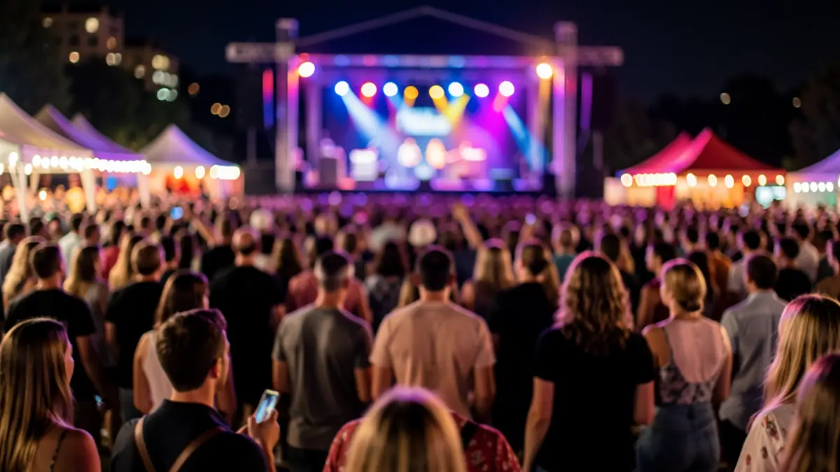 Generic image of a crowd at a music festival at night, with stage lights.