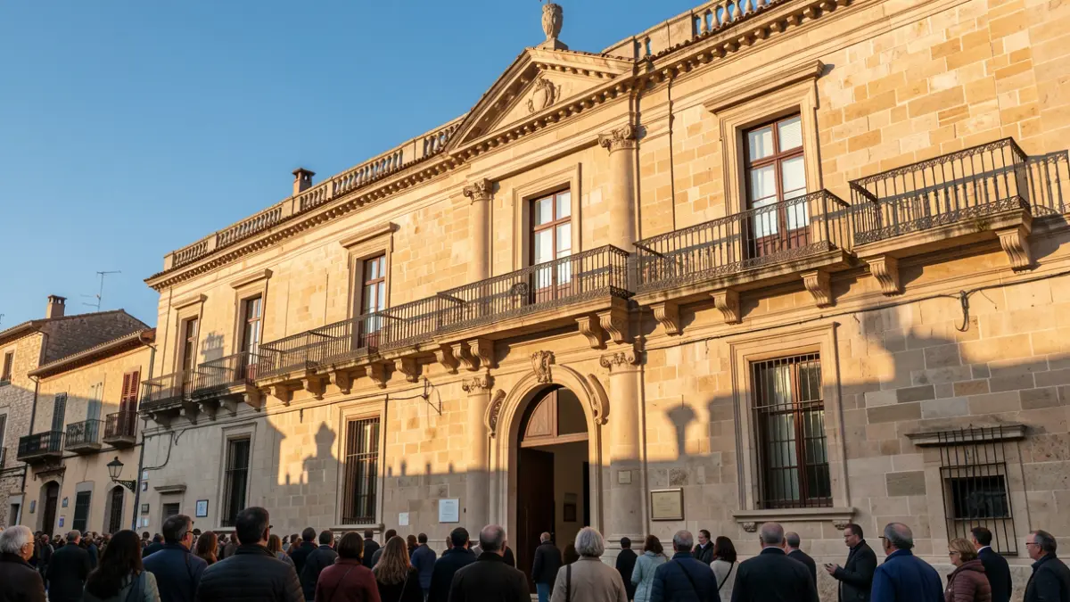 Generic image of a Mediterranean town hall facade with balconies and iron railings, illuminated by warm afternoon light.