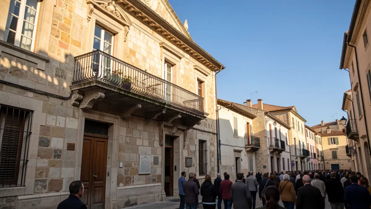 Generic image of a Mediterranean town hall with a balcony and sunlight.