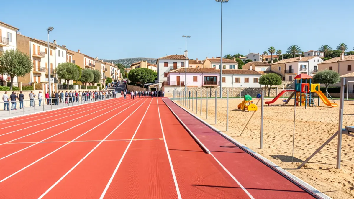 Imatge genèrica de noves instal·lacions esportives municipals amb pista d'atletisme, zona de caliche i parc infantil.