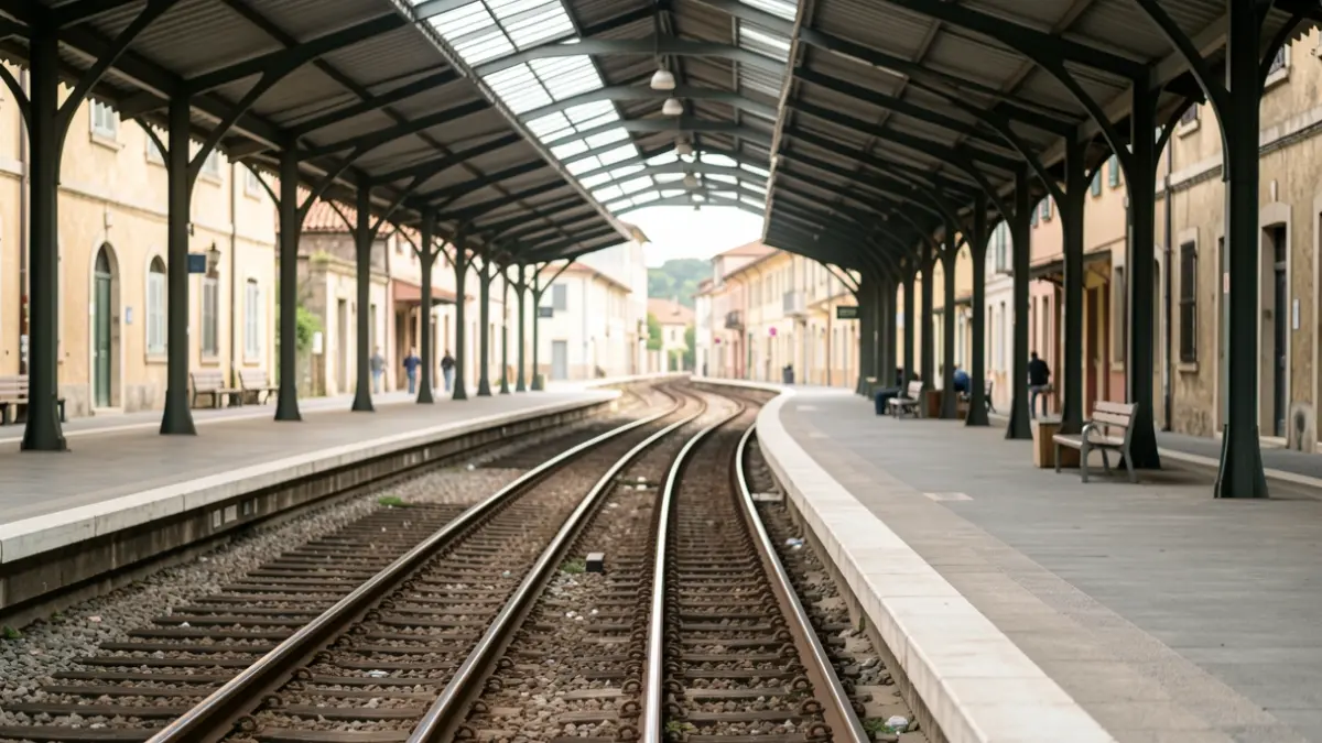 Imatge genèrica d'una andana de tren buida amb vies que es perden a la distància.