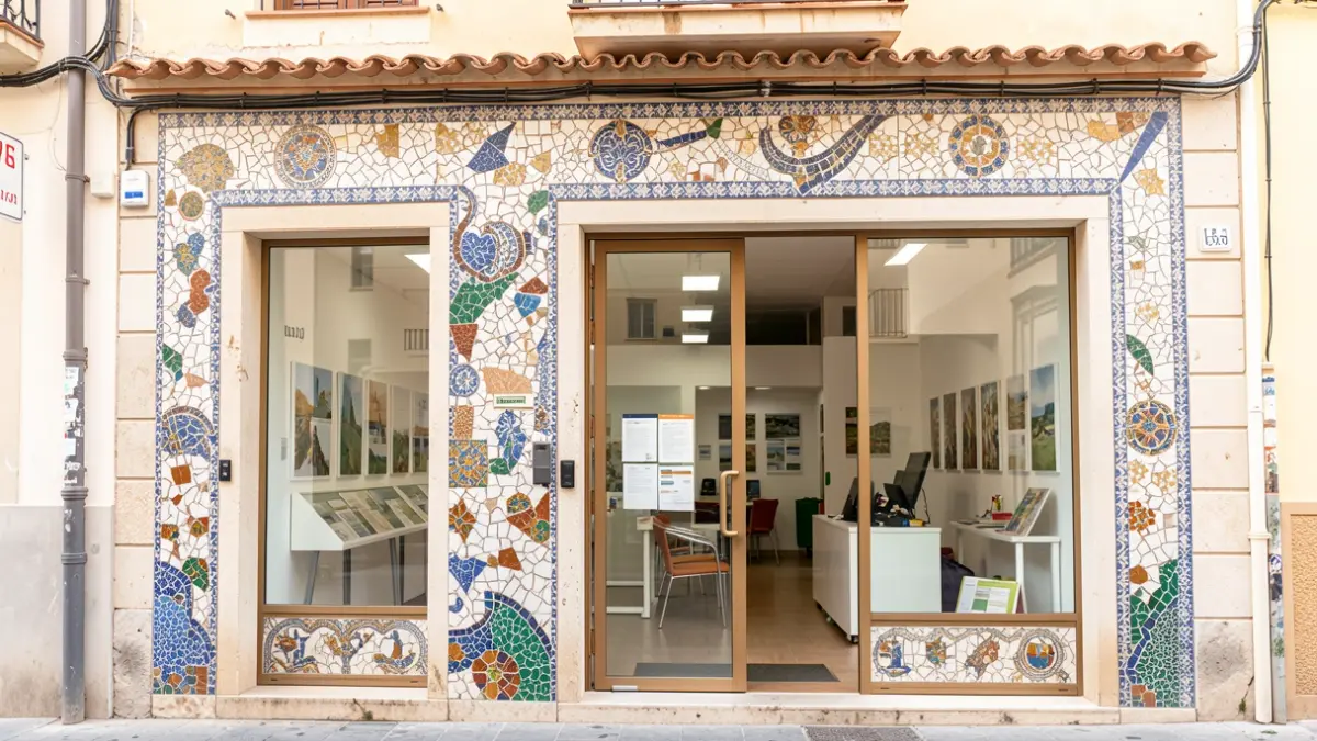 Imatge genèrica de la façana renovada d'una oficina de turisme amb detalls de trencadís valencià.