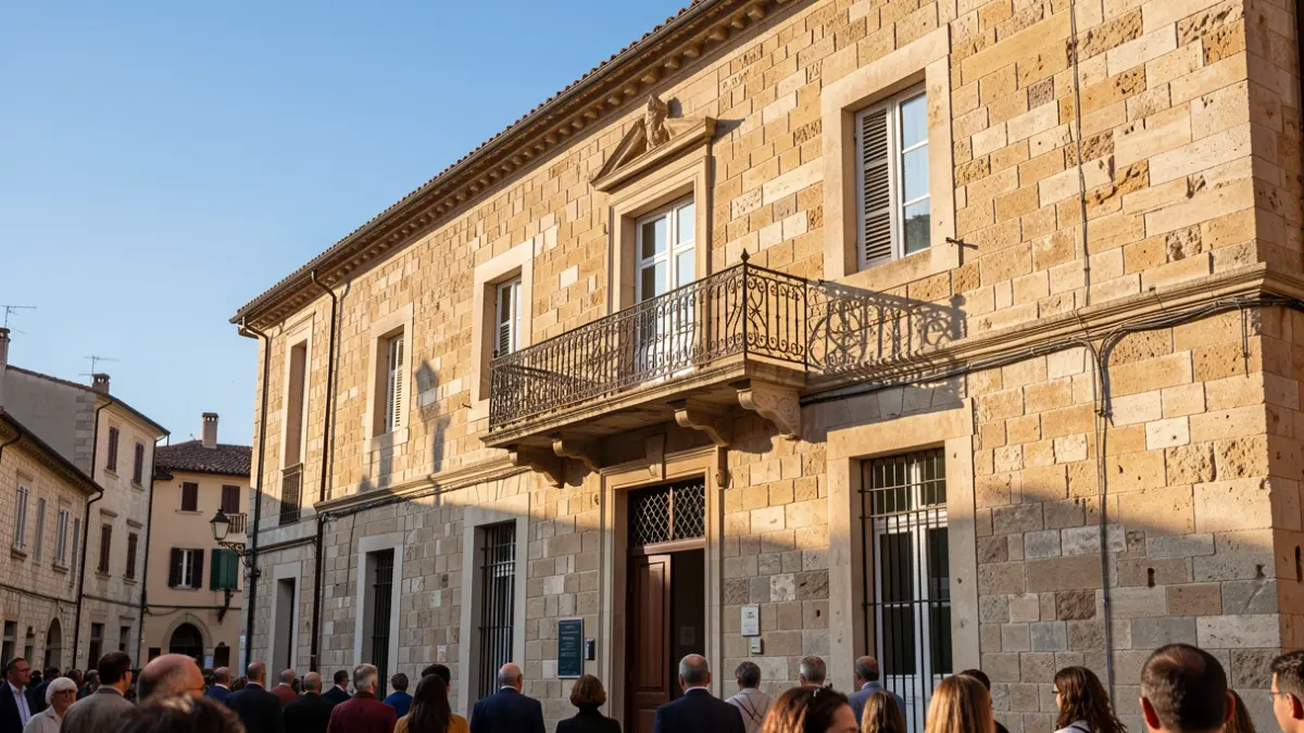 Stone town hall facade with wrought iron balcony, afternoon light.