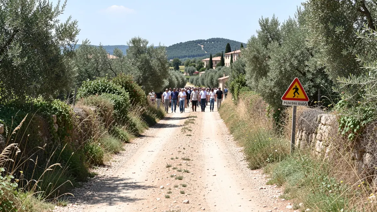 Imatge genèrica d'un camí rural amb vegetació als marges i un senyal provisional.