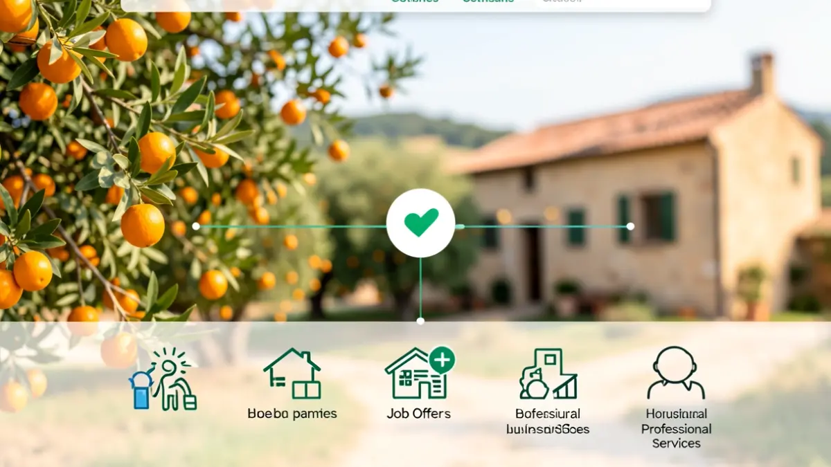 Interfaz de una plataforma digital que conecta negocios y ciudadanos en zonas rurales, con elementos del paisaje valenciano al fondo.