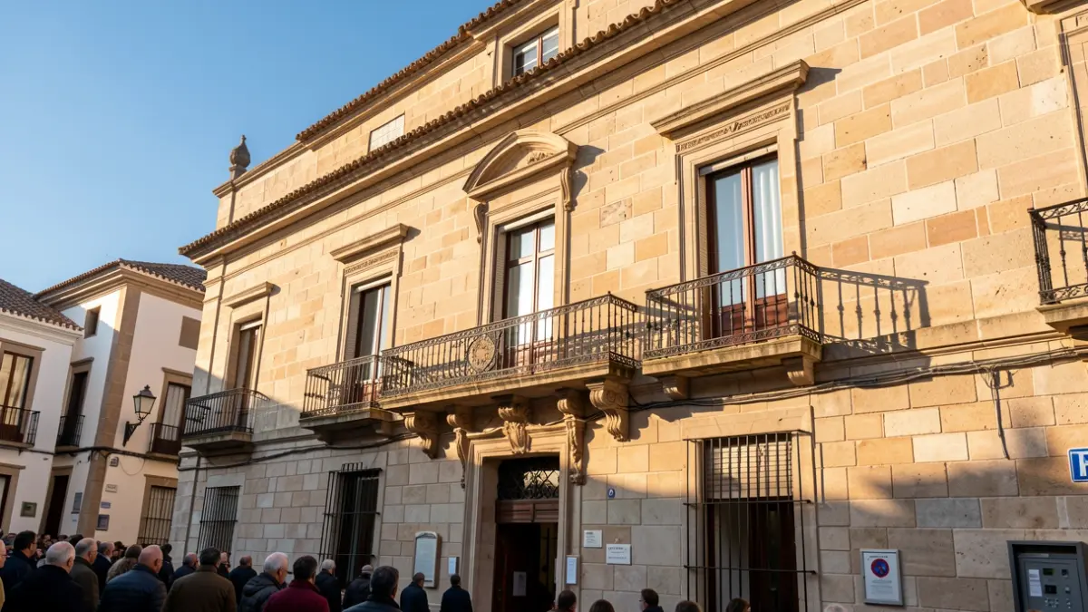 Generic image of a municipal building with a balcony and railing, illuminated by the afternoon sun.