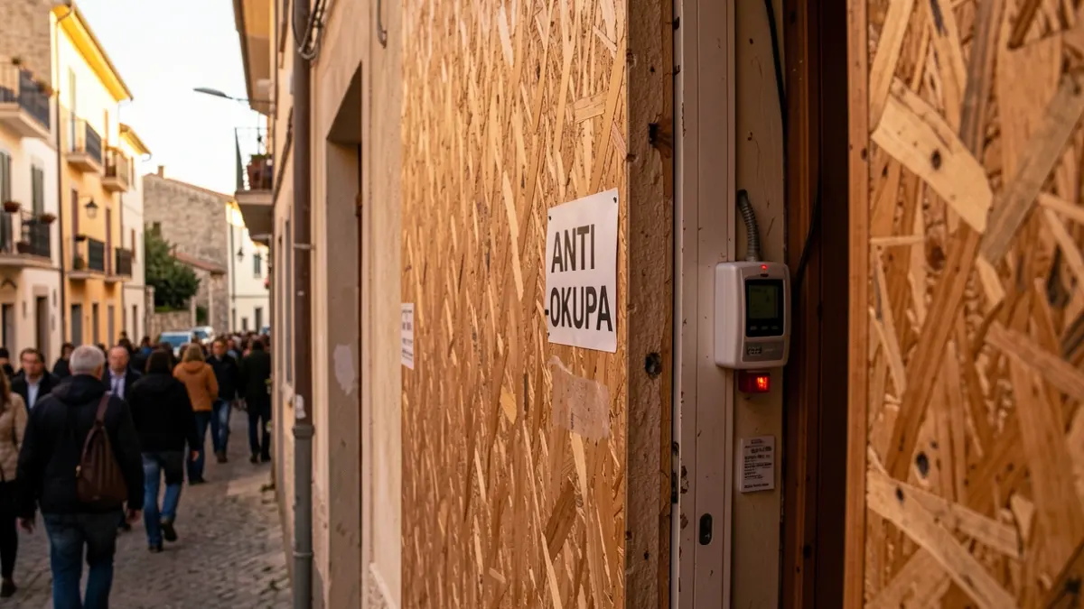 Generic image of a boarded-up door with security measures on a residential building.