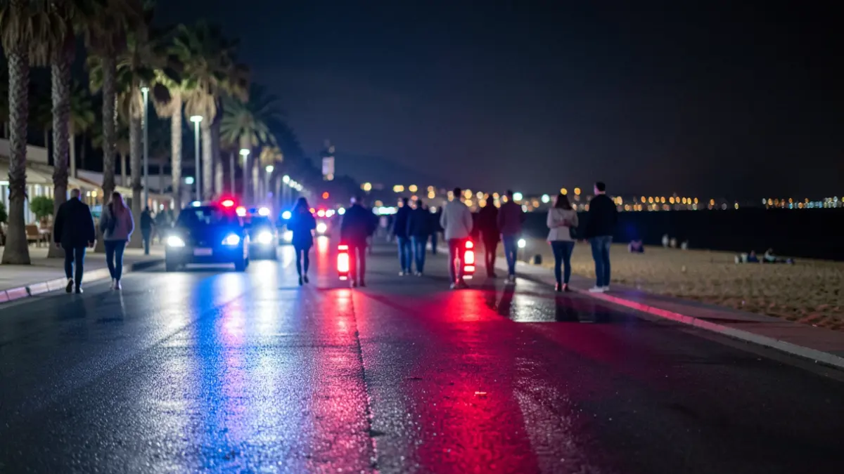 Imatge genèrica de llums d'emergència policials reflectint-se en asfalt mullat a la nit.