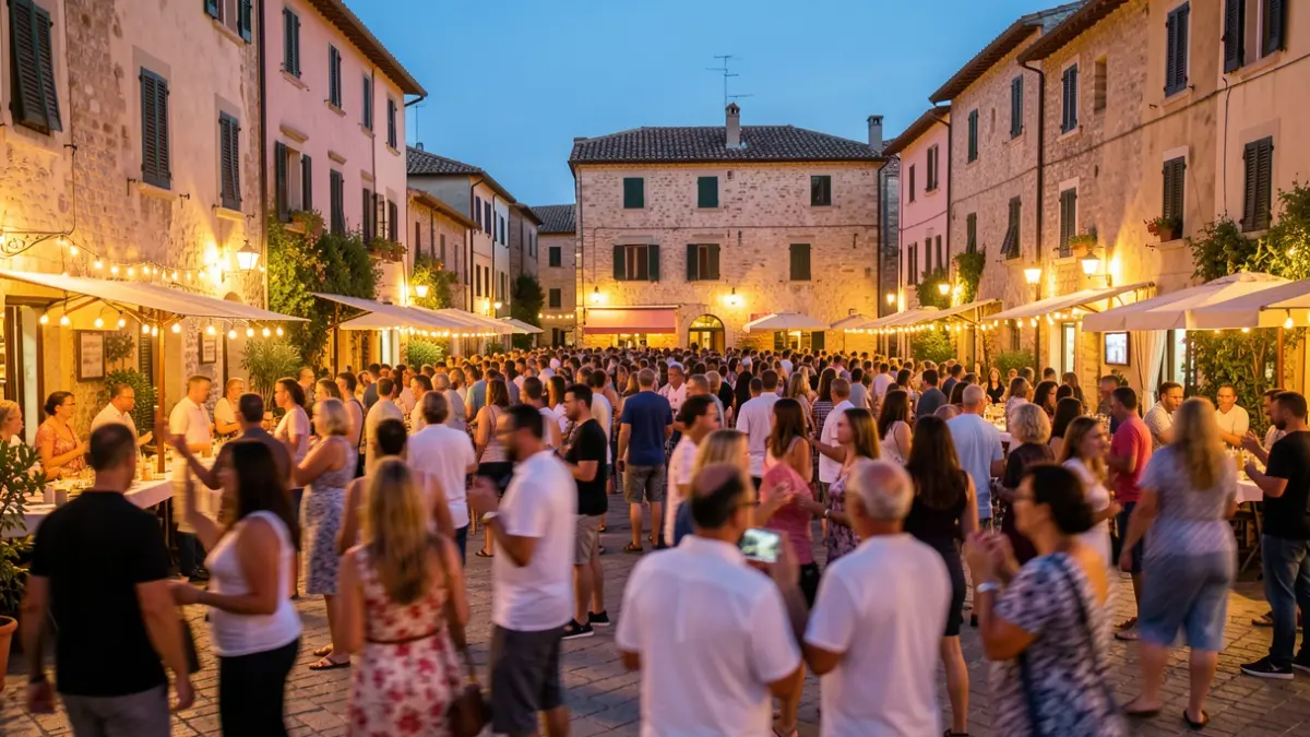 Generic image of a Mediterranean town square illuminated at dusk, with people celebrating.