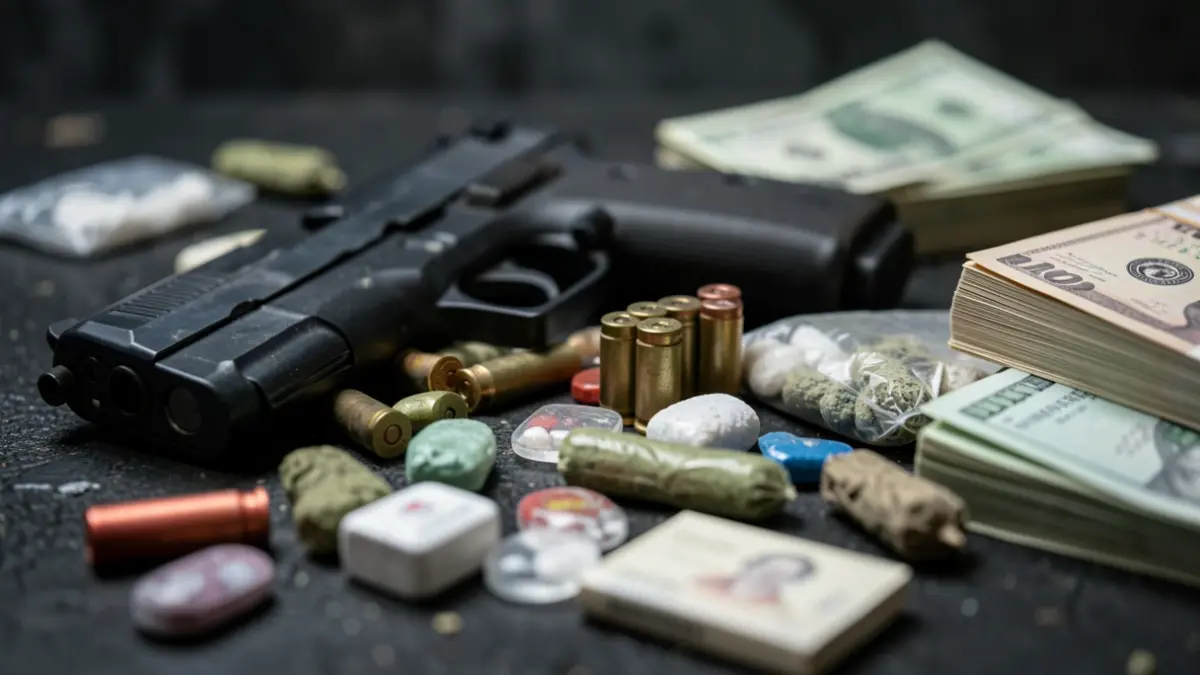 Imatge genèrica de proves policials confiscades, incloent armes, drogues i diners.