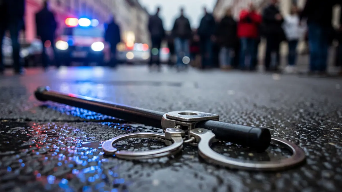 Generic image of a police baton and handcuffs on wet asphalt with emergency lights.