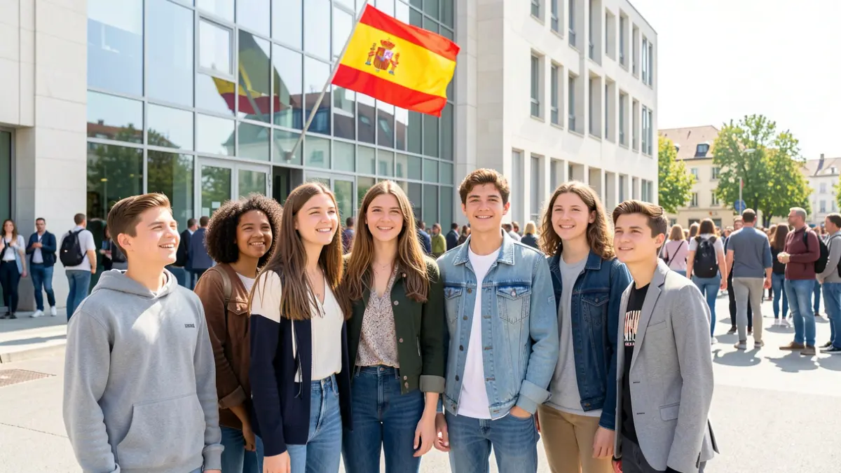 Imatge genèrica d'estudiants davant un edifici amb una bandera espanyola.