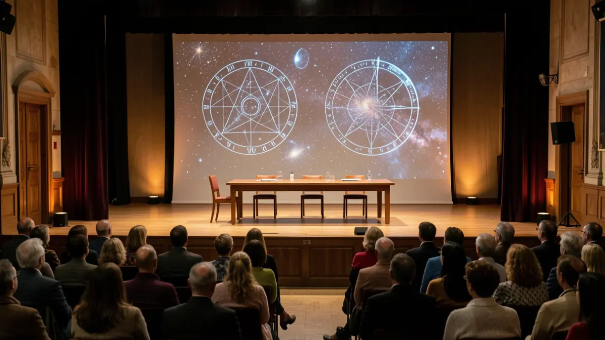 Generic image of a theater stage with stellar projections and a table.