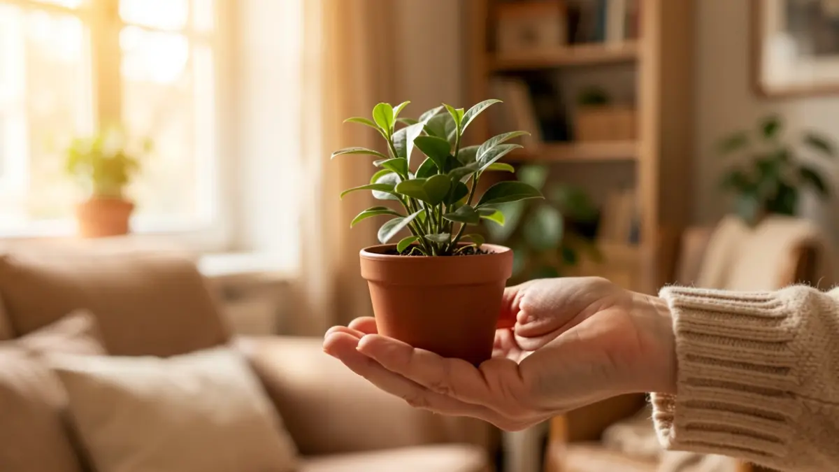 Imatge genèrica d'una mà sostenint una planta en un interior domèstic.