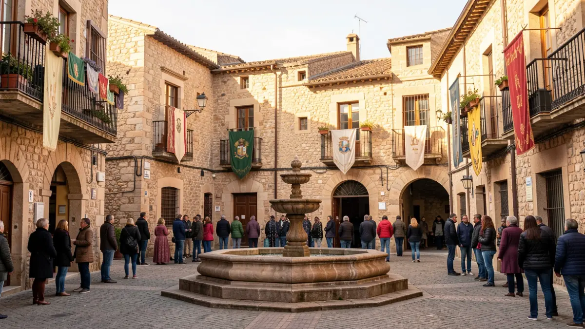 Imatge genèrica d'una plaça medieval valenciana amb edificis de pedra i una font.