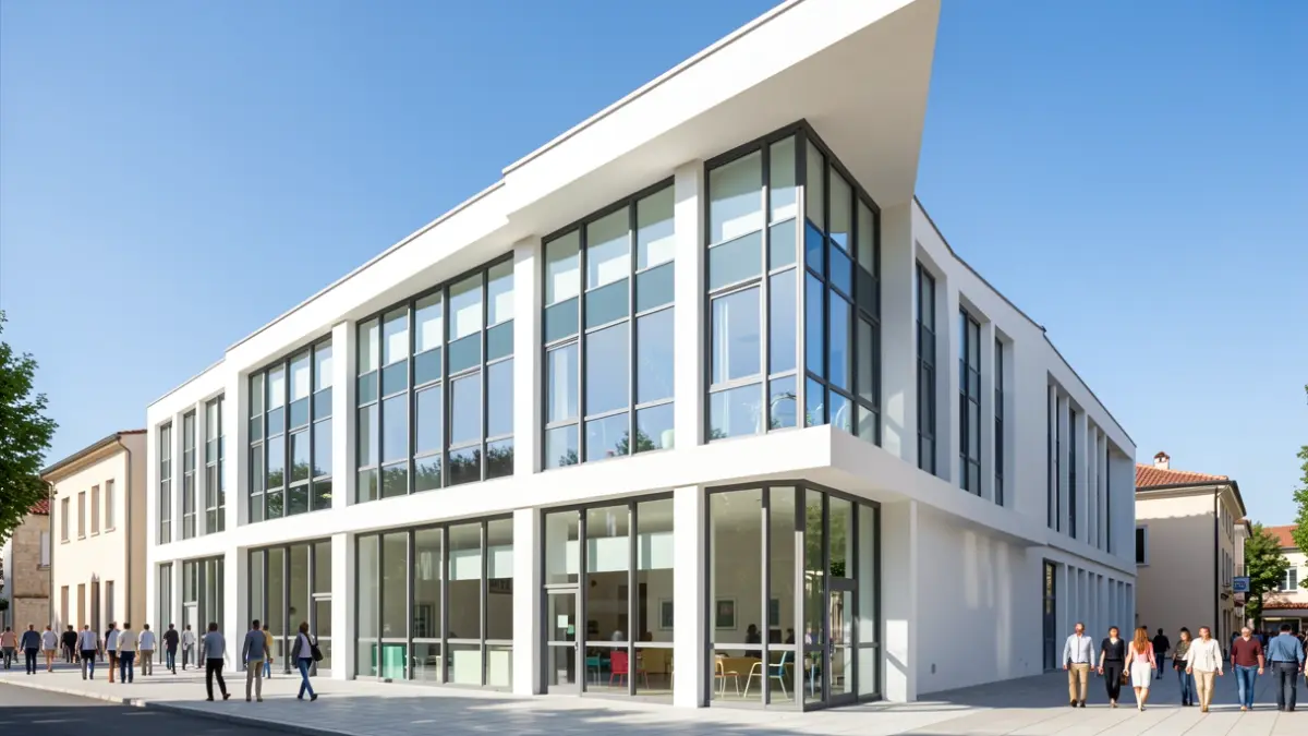 Imatge d'un centre educatiu modern amb façana lluminosa i arquitectura funcional.