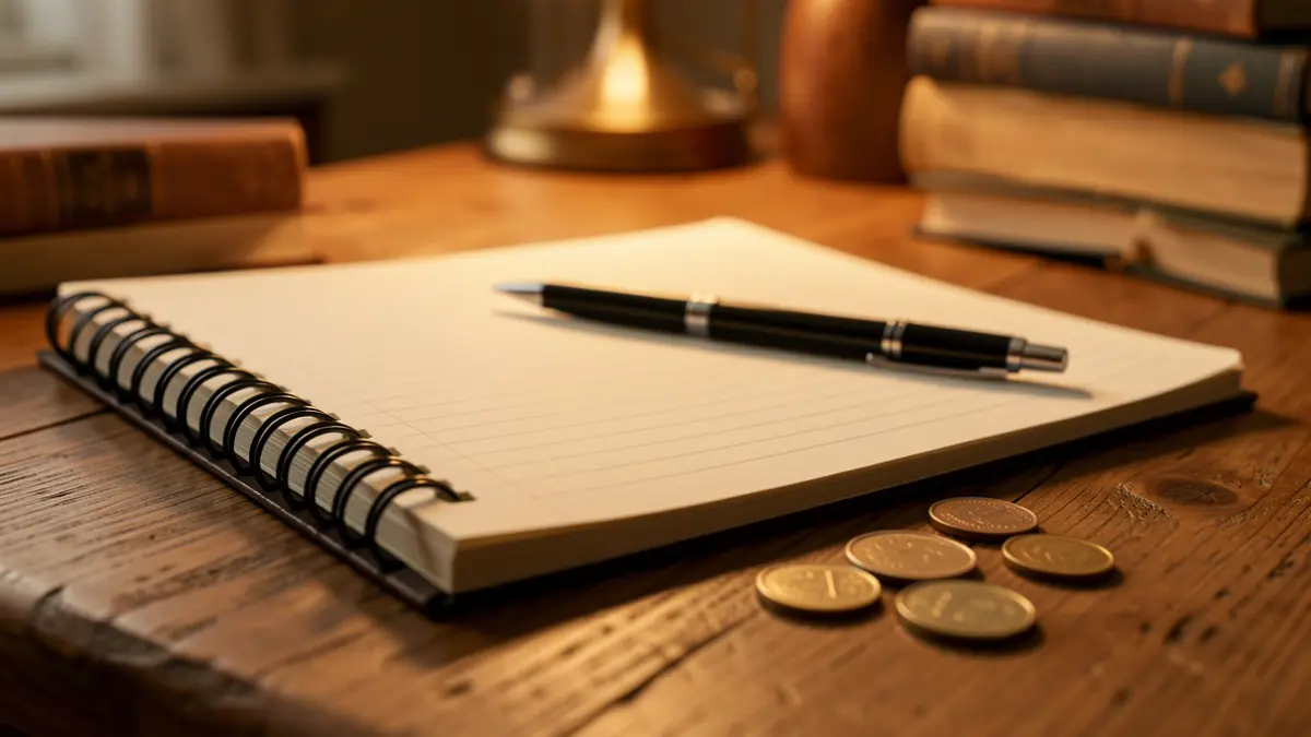 Generic image of a school notebook with a pen and coins on a desk.