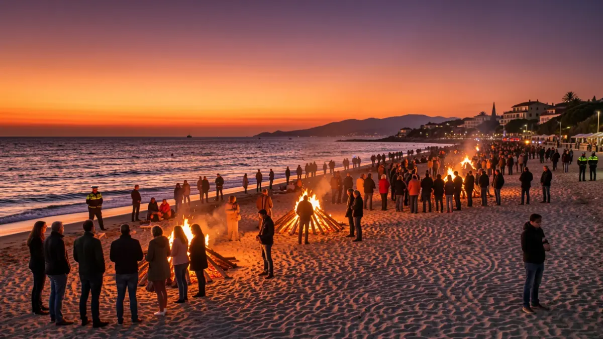 Generic image of the Night of Bonfires of San Juan in Torrevieja, with bonfires on the beach and police presence.