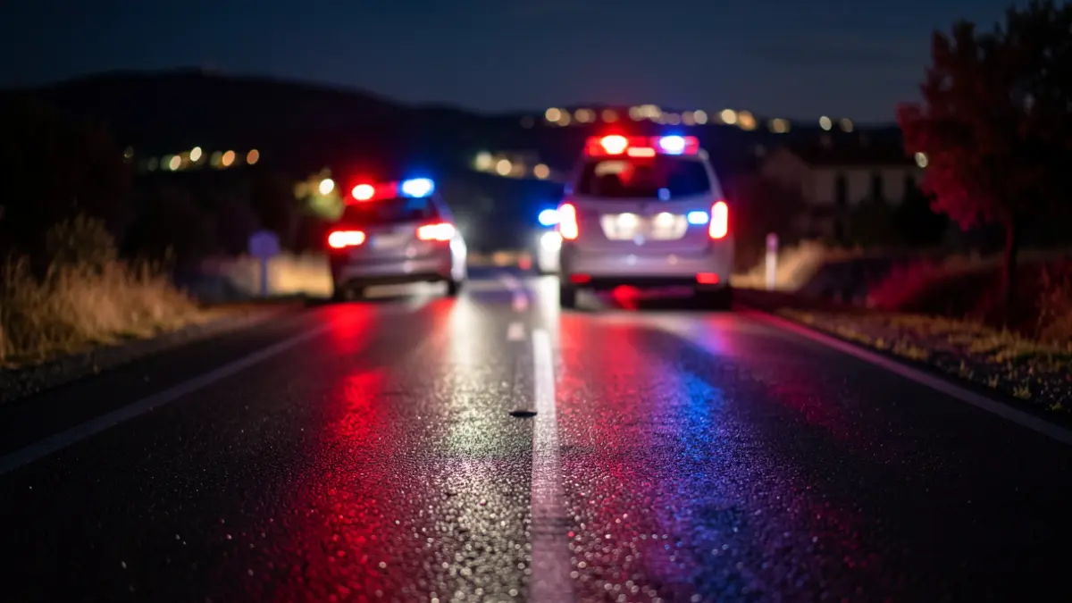 Imatge genèrica d'una carretera mullada de nit amb llums d'emergència.