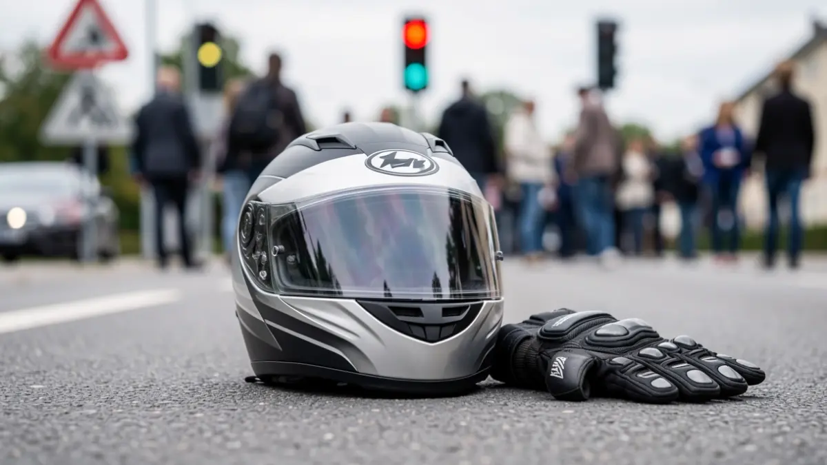 Generic image of a motorcycle helmet and gloves on asphalt.