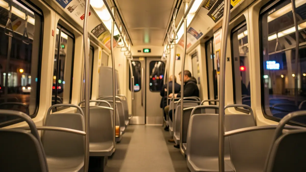 Imagen genérica de un interior de metro nocturno con asientos vacíos.