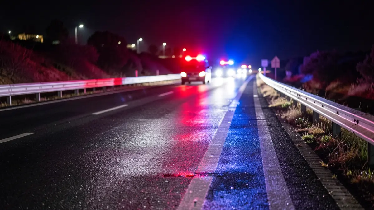 Generic image of emergency lights reflecting on wet asphalt.