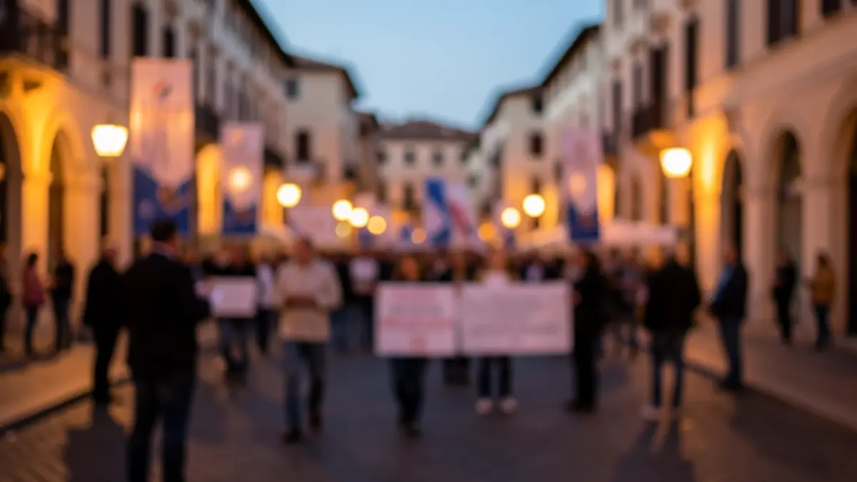 Generic image of a political rally in a Mediterranean city square.