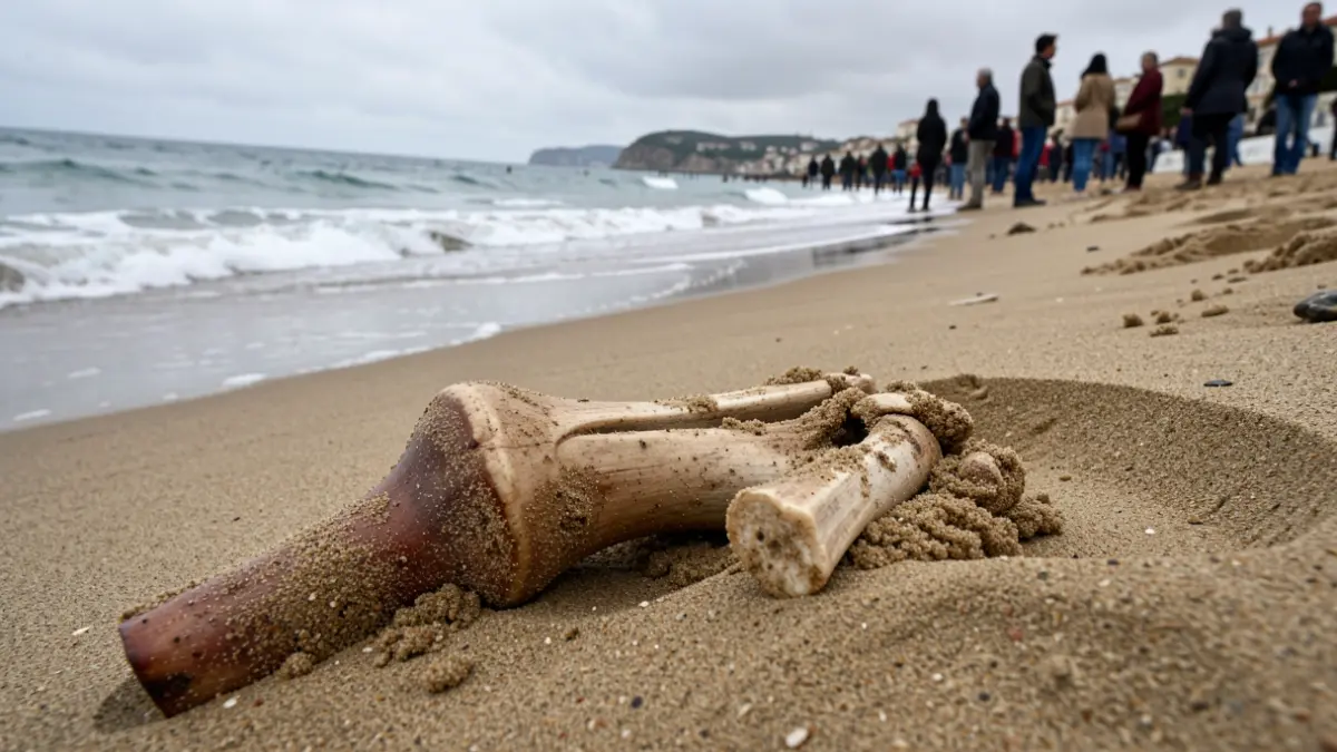 Imatge genèrica d'un fragment ossi a la sorra humida d'una platja mediterrània.