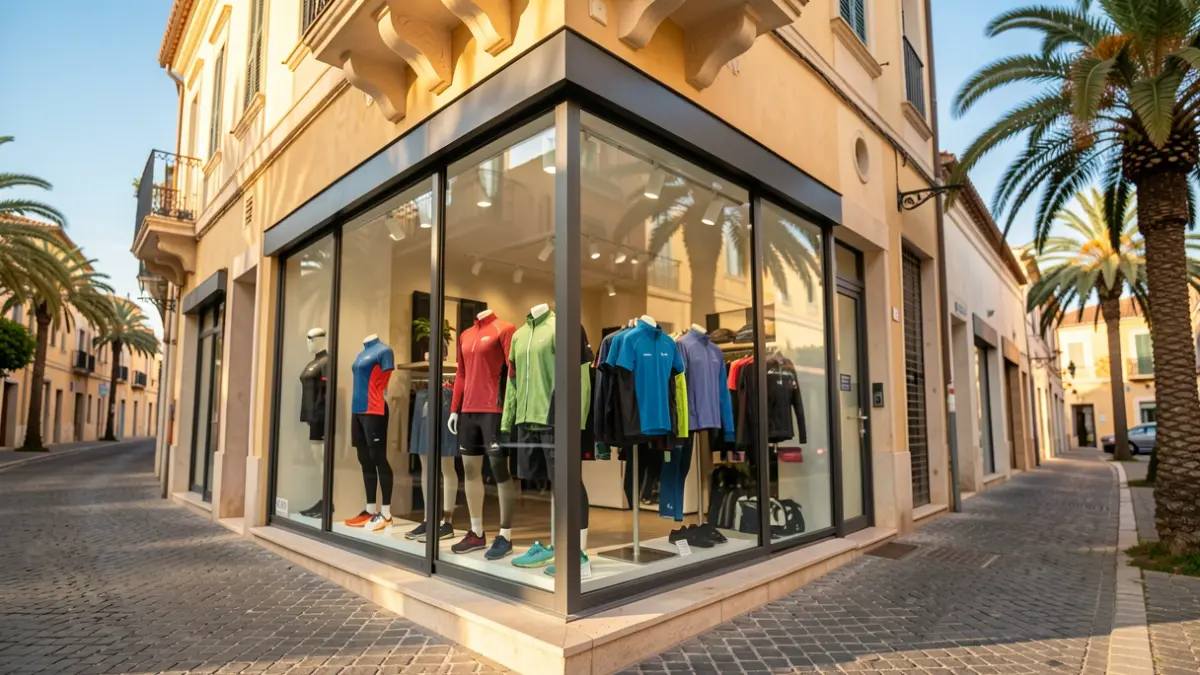 Imagen genérica de una tienda de ropa de ciclismo moderna en una calle mediterránea.