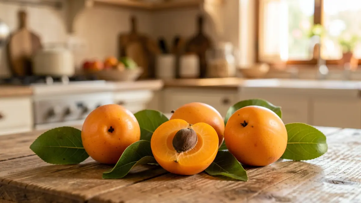 Image of fresh loquats on a wooden table in a kitchen setting.