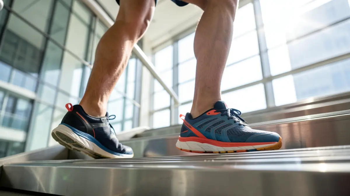 Image of an athlete preparing for a vertical race in a modern urban setting.