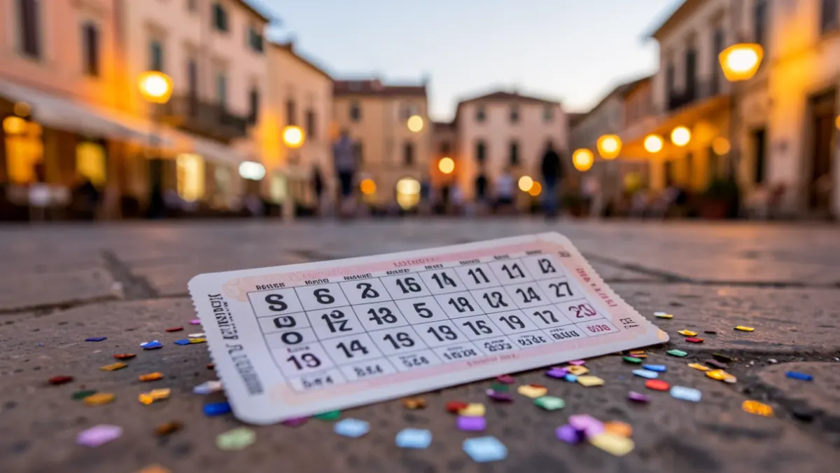 Imagen genérica de un boleto de lotería premiado con confeti y un entorno urbano.