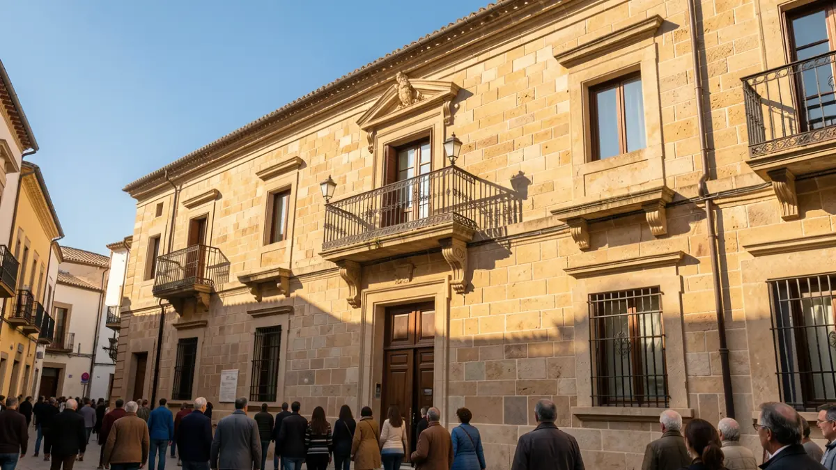 Facade of a Mediterranean town hall with an ornate iron balcony, illuminated by the afternoon sun.