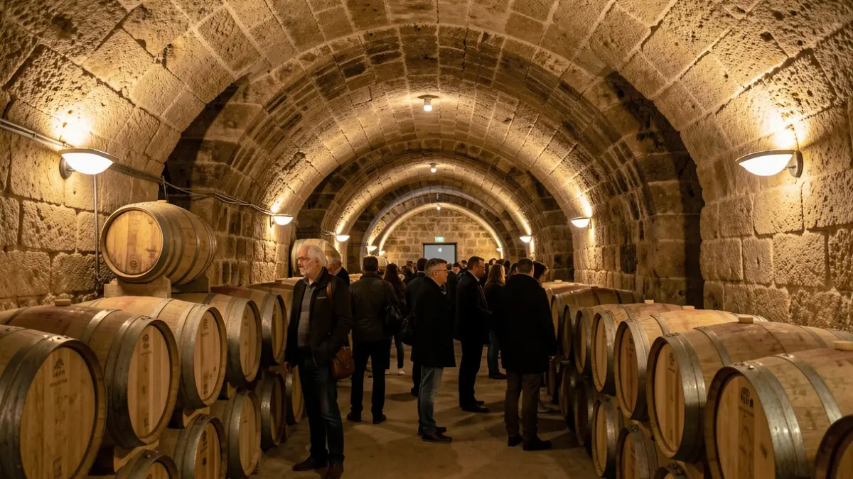 Interior of historic underground wine cellars in Utiel, with stone arched ceilings and barrels, lit by warm lights.