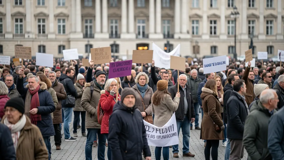 Generic image of protesters in front of an official building.