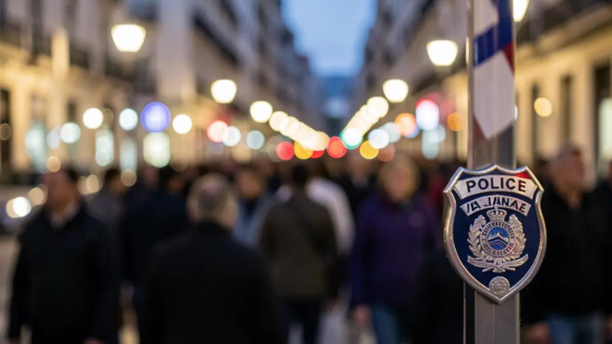 Insígnia de la Policia Local de València amb llums de ciutat desenfocades al fons.