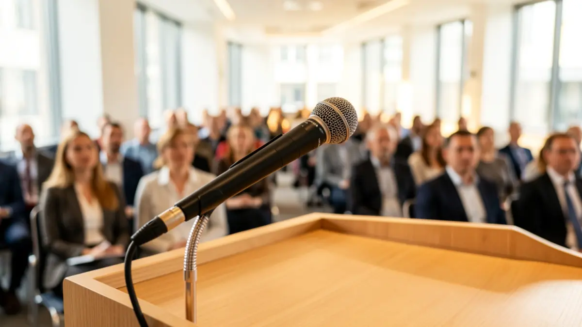 Image of a podium with a microphone in a conference room during a public event.
