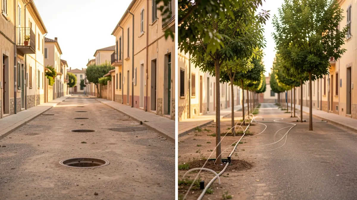 Split image showing a street with few trees and another with new plantings and irrigation.