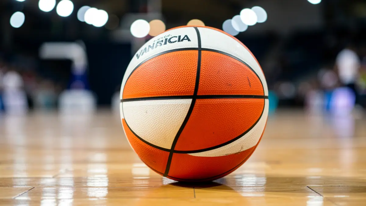 Generic image of a Valencia Basket basketball on a court.