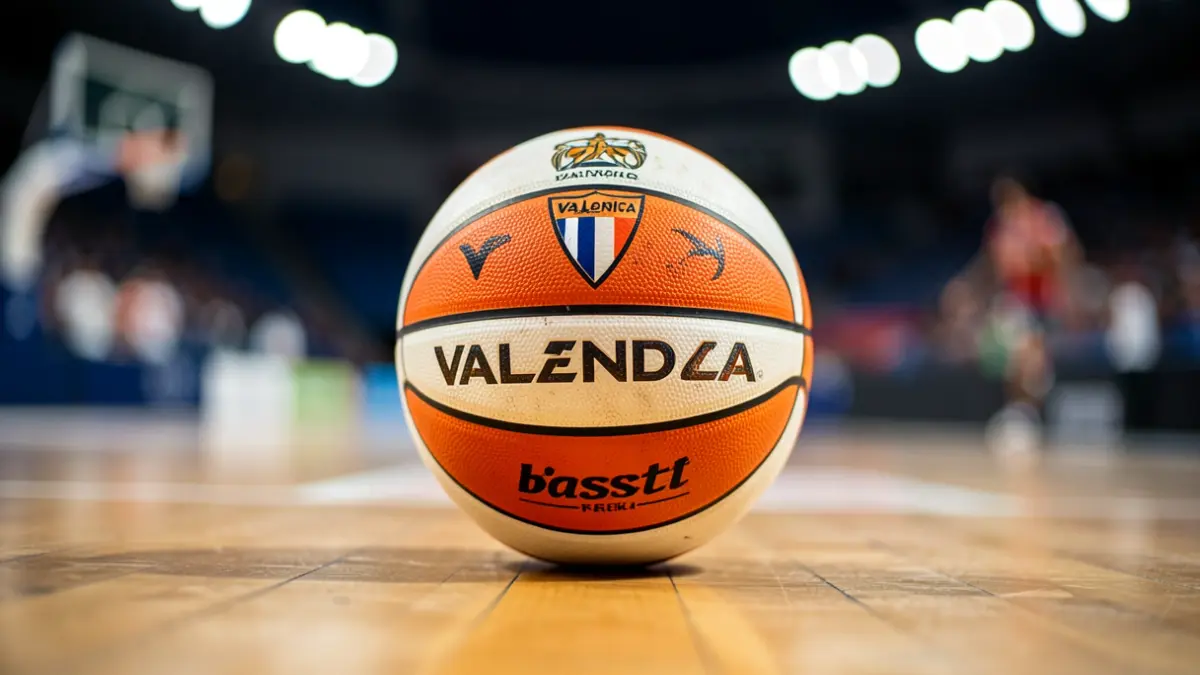 Imatge genèrica d'una pilota de bàsquet amb els colors del València Basket sobre una pista de fusta.